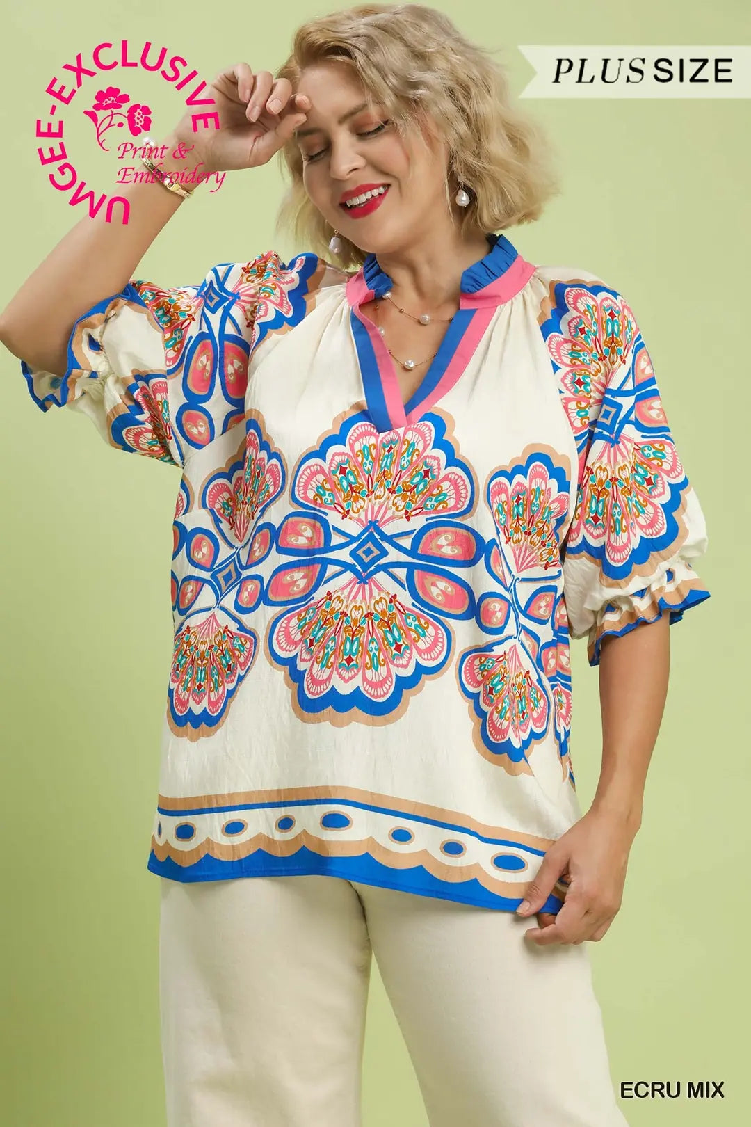 Curvy ECRU Mix Boho Print V-Neck Top (JB)