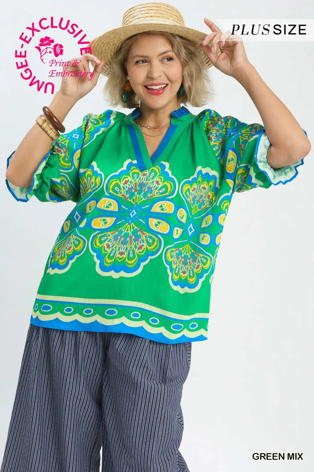 Curvy Green Mix Boho Print V-Neck Top (JB)