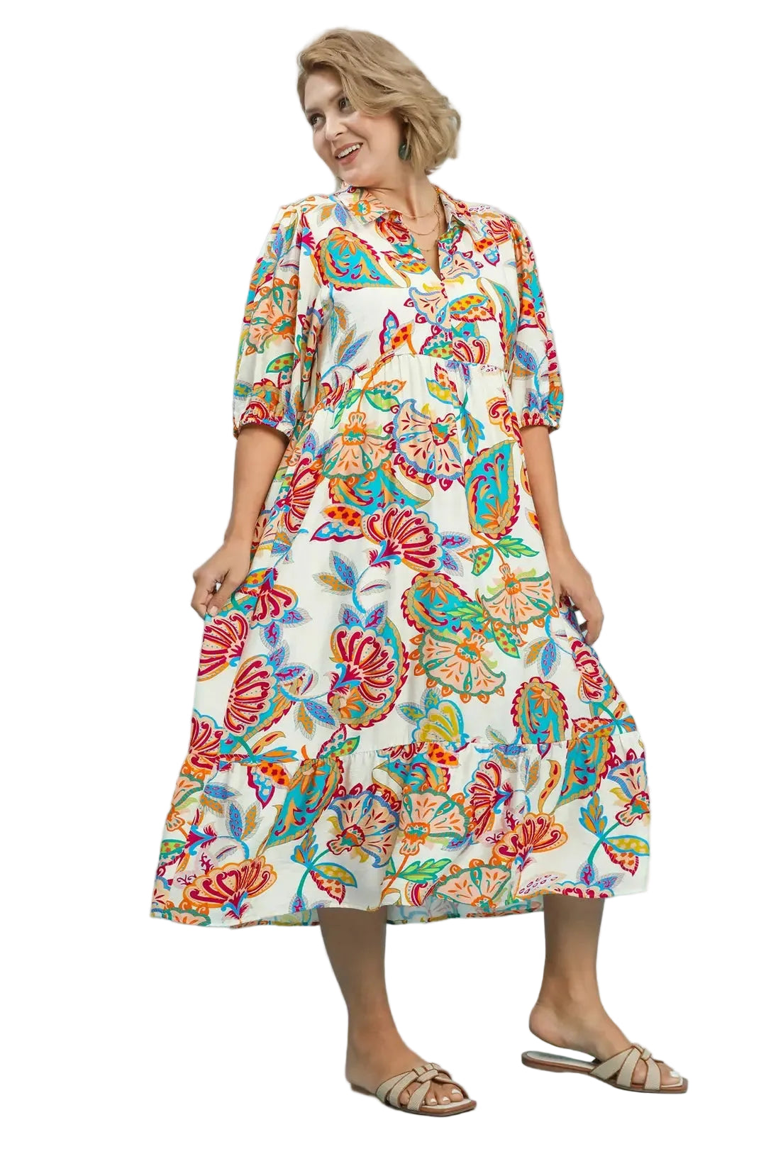 Curvy Cream Mix Paisley Print Maxi Dress (JB)
