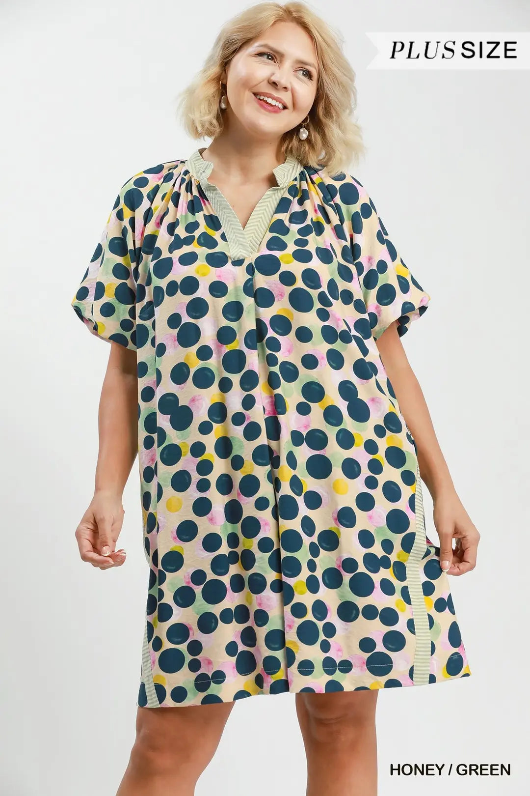 Curvy Polka Dot Print Tunic Dress Honey Green (JB)