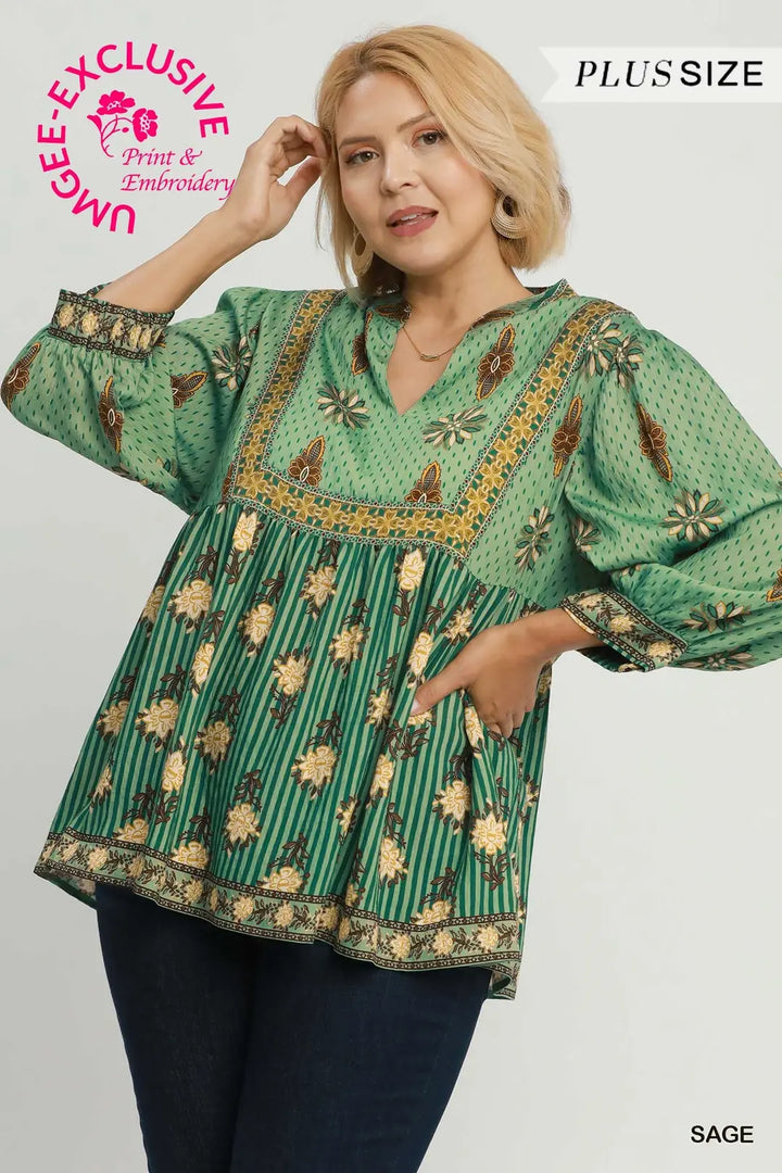 Mixed Floral Border Print Baby Doll Blouse (JB)