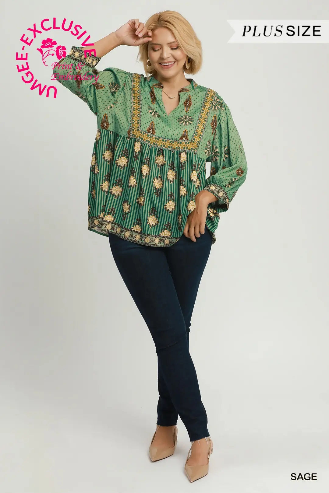 Mixed Floral Border Print Baby Doll Blouse (JB)