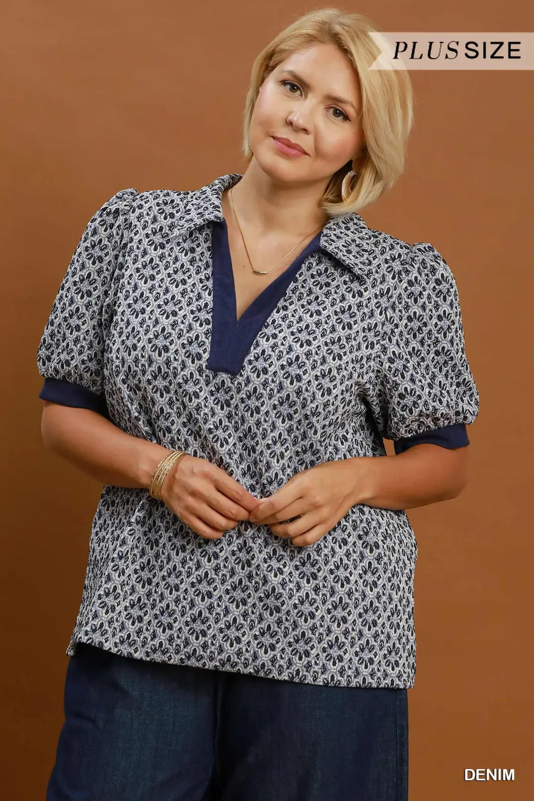 Curvy Printed Collared Puff Sleeve Top (JB)