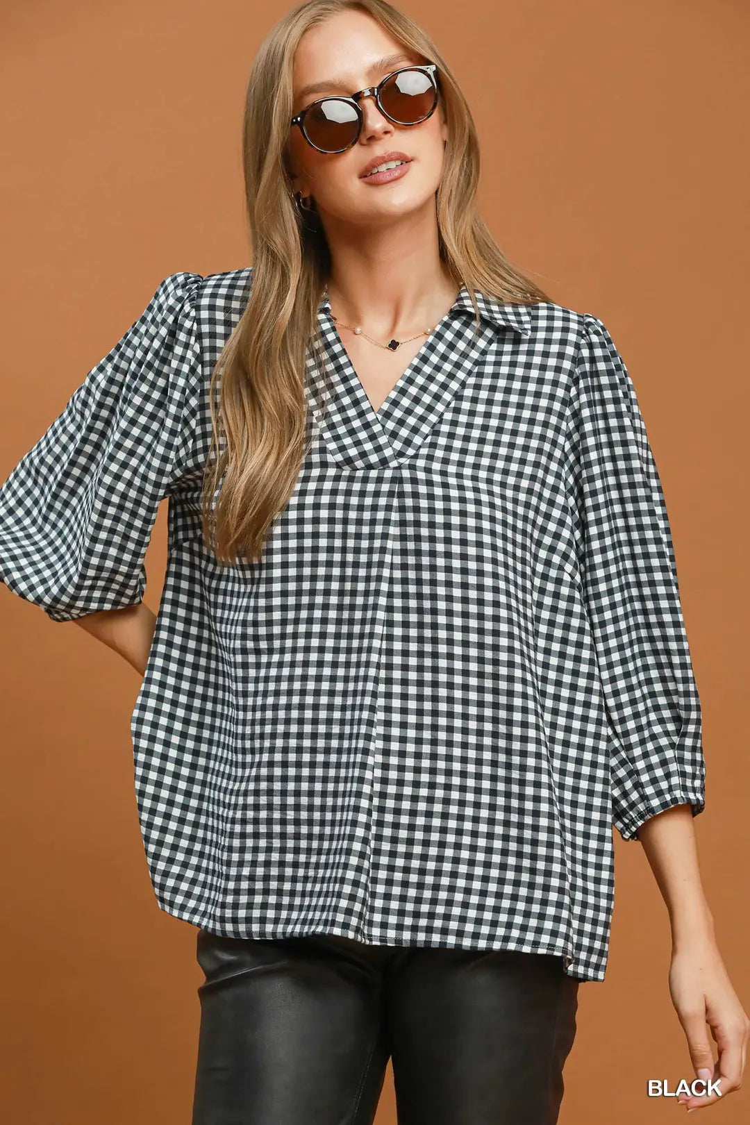 Curvy Black Gingham Check Collared Puff Sleeve Blouse (JB)
