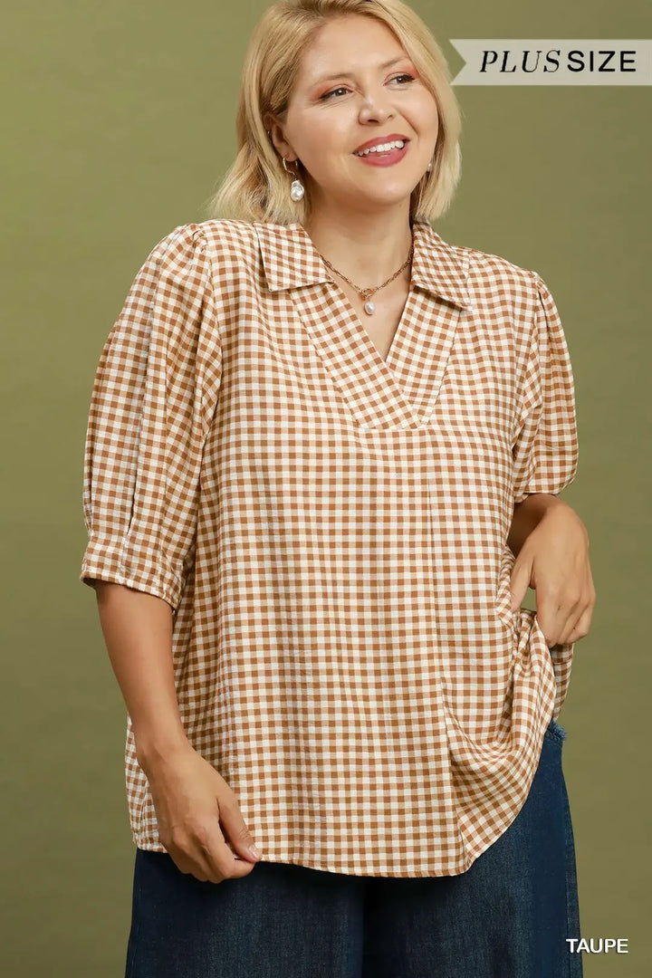 Gingham Check Collared Puff Sleeve Blouse Taupe (JB)