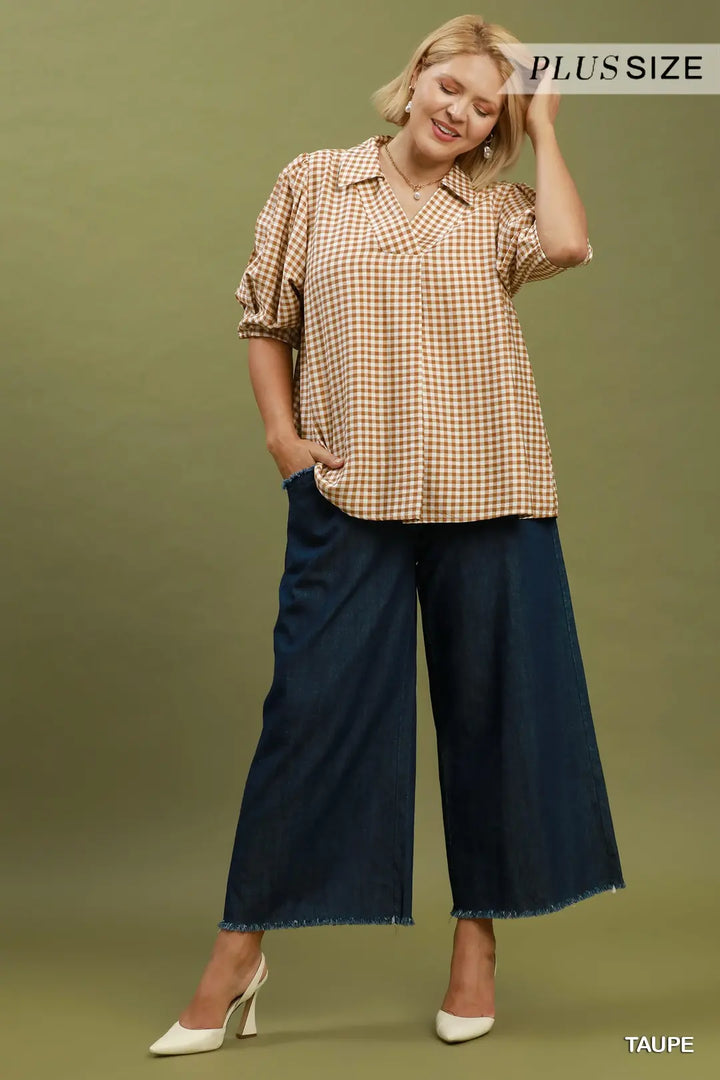 Gingham Check Collared Puff Sleeve Blouse Taupe (JB)