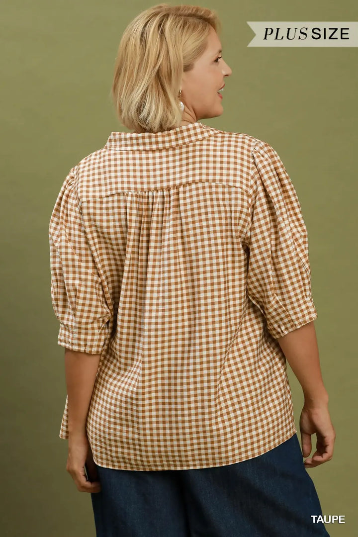 Gingham Check Collared Puff Sleeve Blouse Taupe (JB)