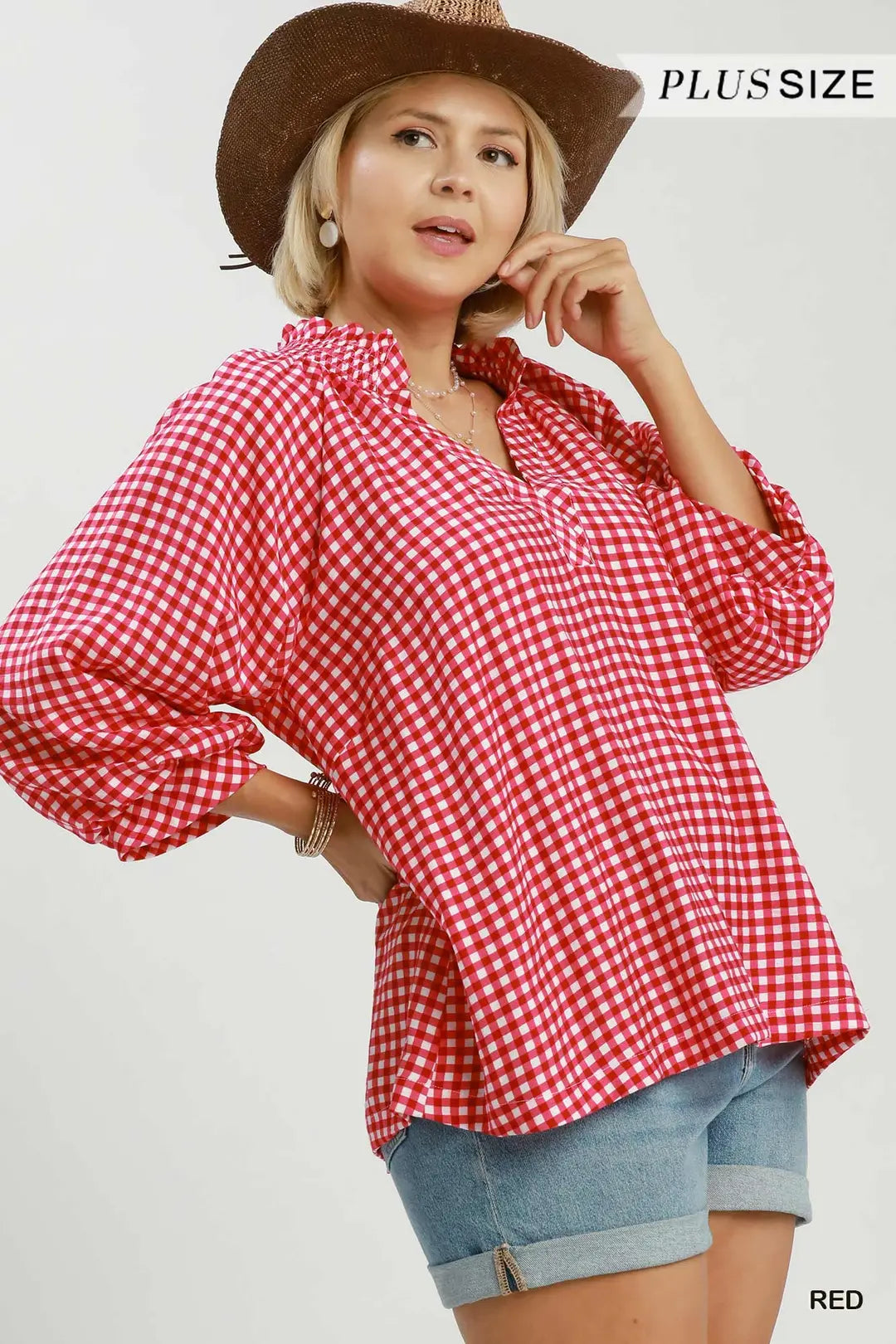 Curvy Red Gingham Check Puff Sleeve Blouse (JB)