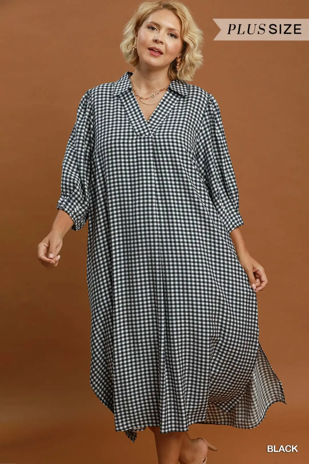 Gingham Check Collared Midi Dress Black (JB)