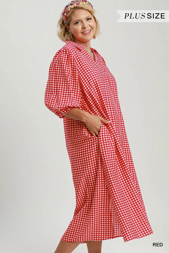 Curvy Gingham Check Collared Midi Dress Red (JB)