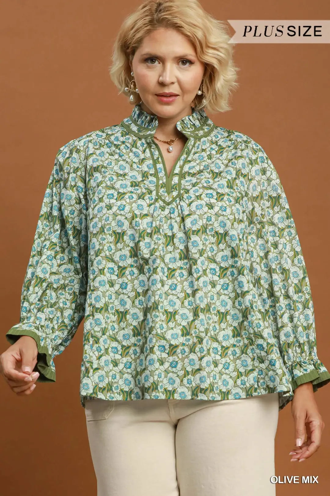 Curvy Mix Floral Print Mandarin Collar Blouse Olive (JB)