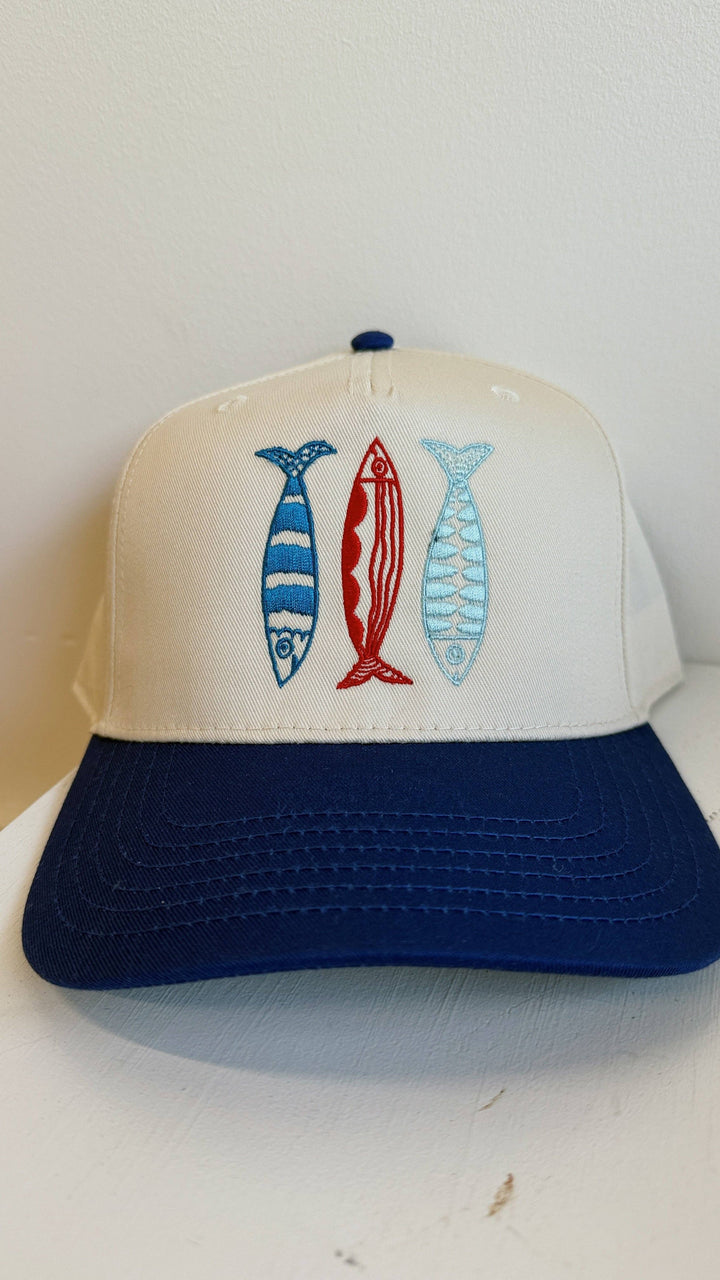 Sardine Hat: Cool blue hat | yellow orange + pink thread
