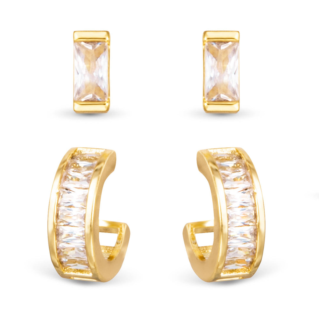 Amanda Blu-CZ Baguette Huggie and Stud Duo Earrings - Gold