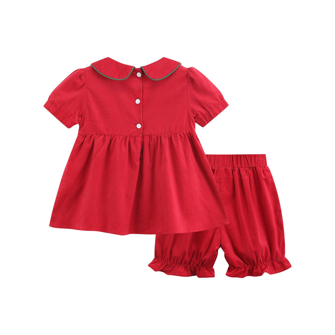 Lil Cactus - Red Corduroy Christmas Smocked Dress and Bloomers