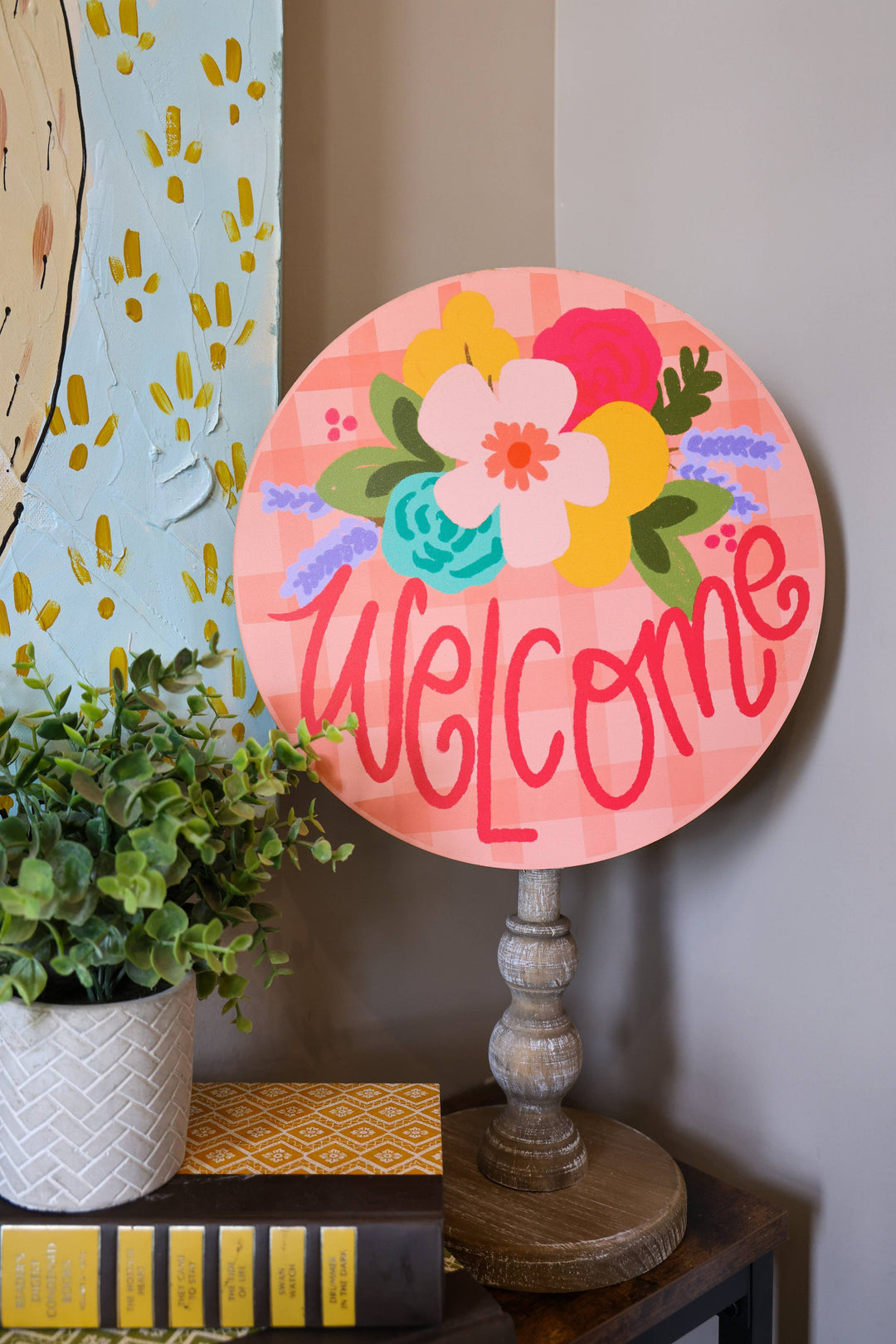 Welcome Pink Plaid Topper: 12 inch Topper with peg (fits in the base)
