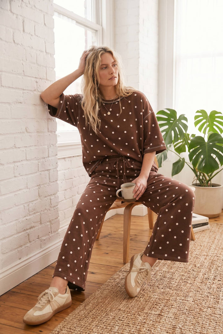 Sewn & Seen-(Original Design) Heavy Scuba Polka Dot Short Sleeve Set-Brown