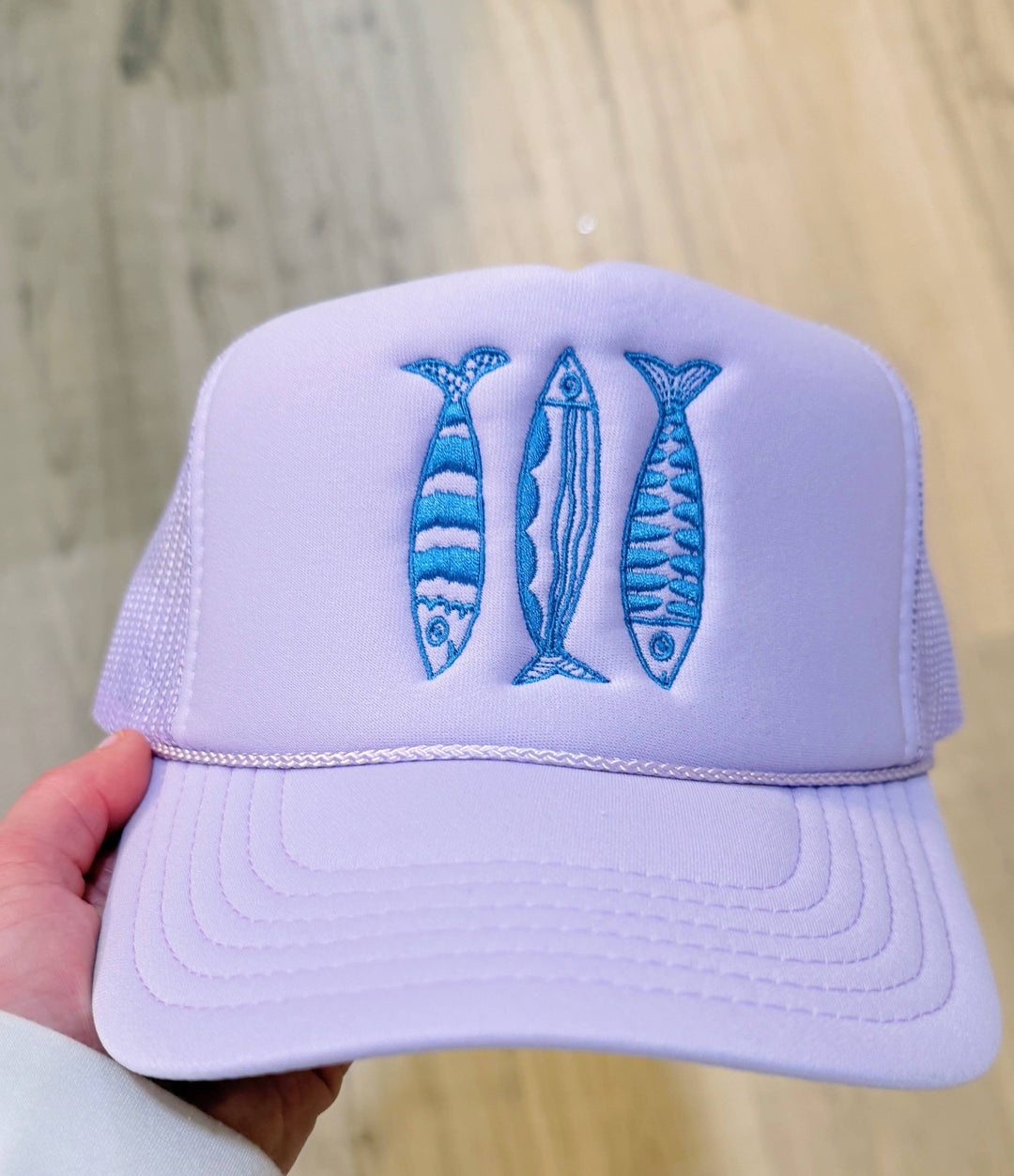 Sardine Summer Trucker Hat: Coral hat | light blue thread