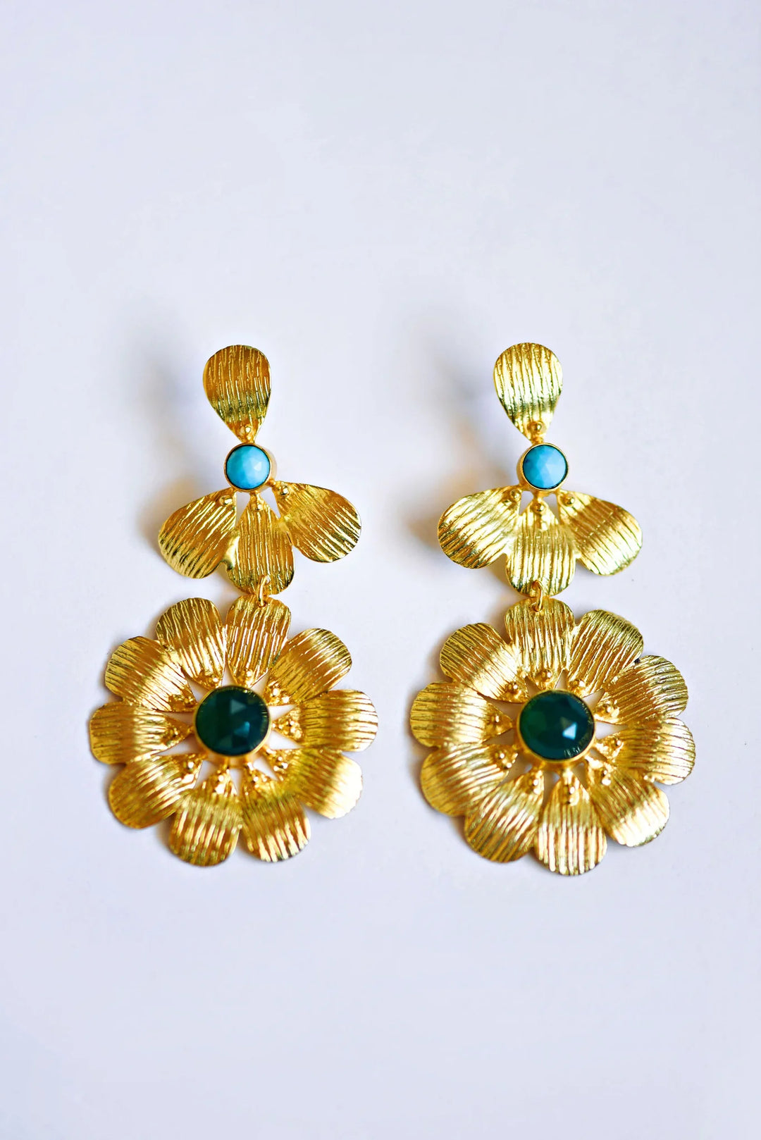 TJD Farrah Floral Earrings - Green Onyx and Turquoise
