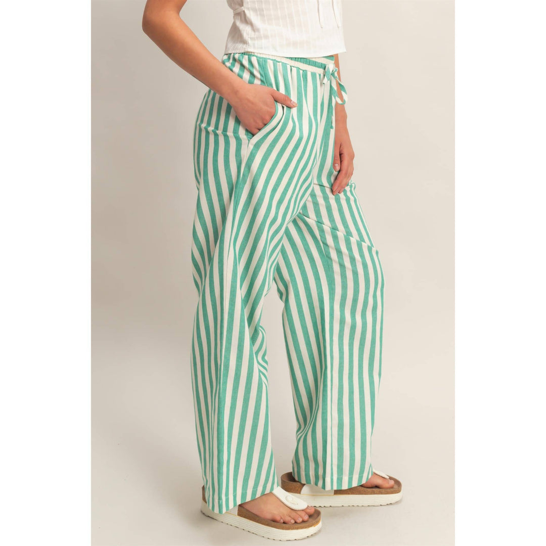 Vertical Striped Elastic Pants With Side Pockets: GREEN / S-M-L(2-2-2)