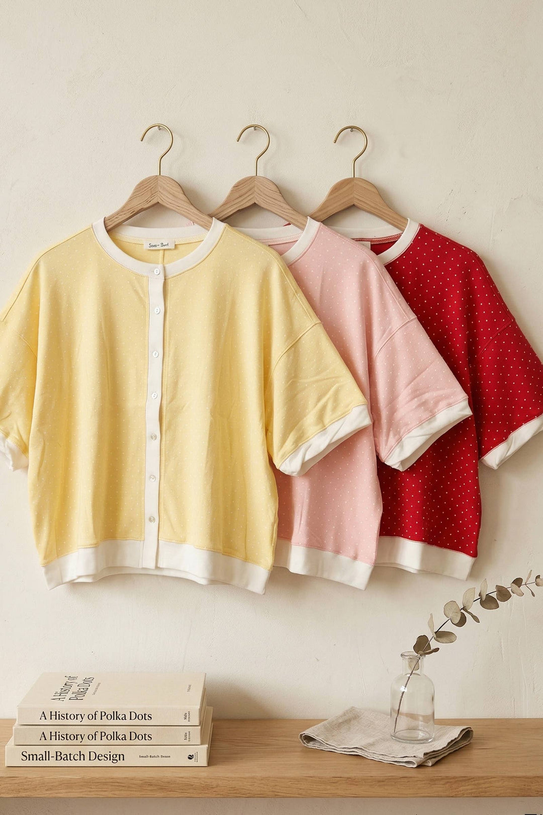 Sewn & Seen-Relaxed Fit Polka Dot Button Front Top-Pink