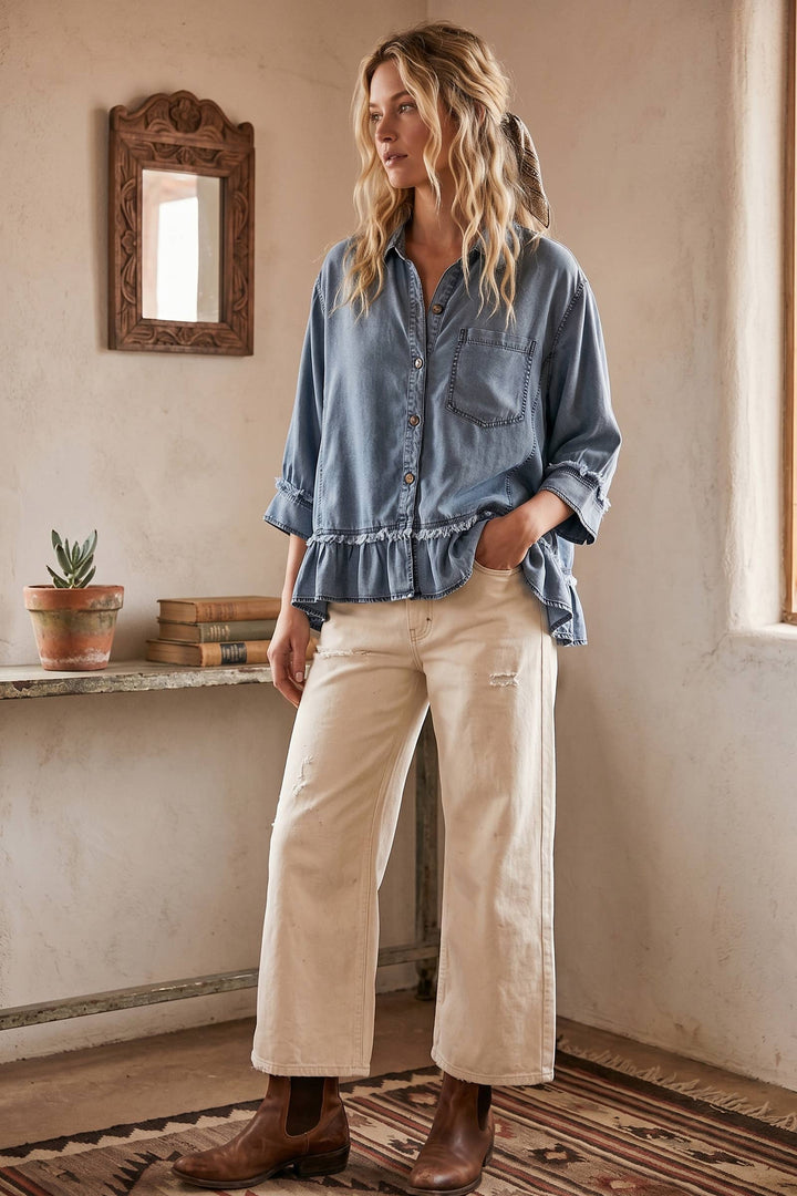 Sewn & Seen-Mineral Washed Tencel Ruffle Hem Shirt