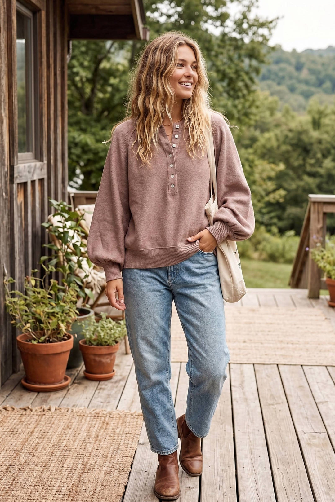 Henley Balloon Sleeve Sweater Top-Taupe