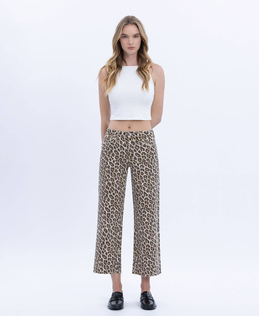 HIGH RISE ANIMAL PRINT CROP WIDE LEG JEANS