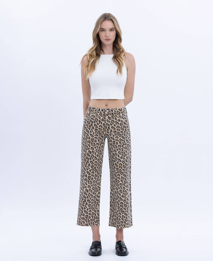 HIGH RISE ANIMAL PRINT CROP WIDE LEG JEANS