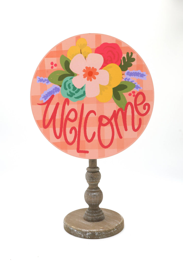 Welcome Pink Plaid Topper: 12 inch Topper with peg (fits in the base)