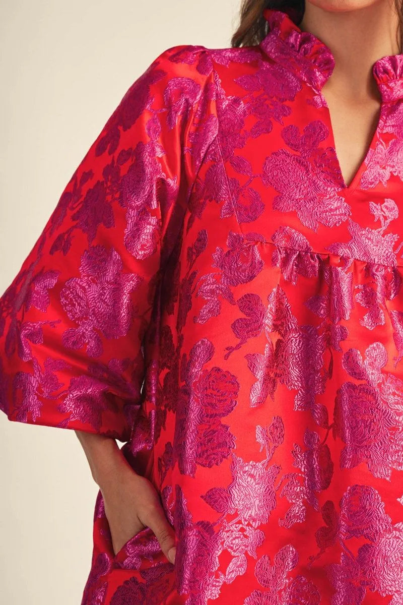 Floral Red & Pink Puff Sleeve Dress (LH)