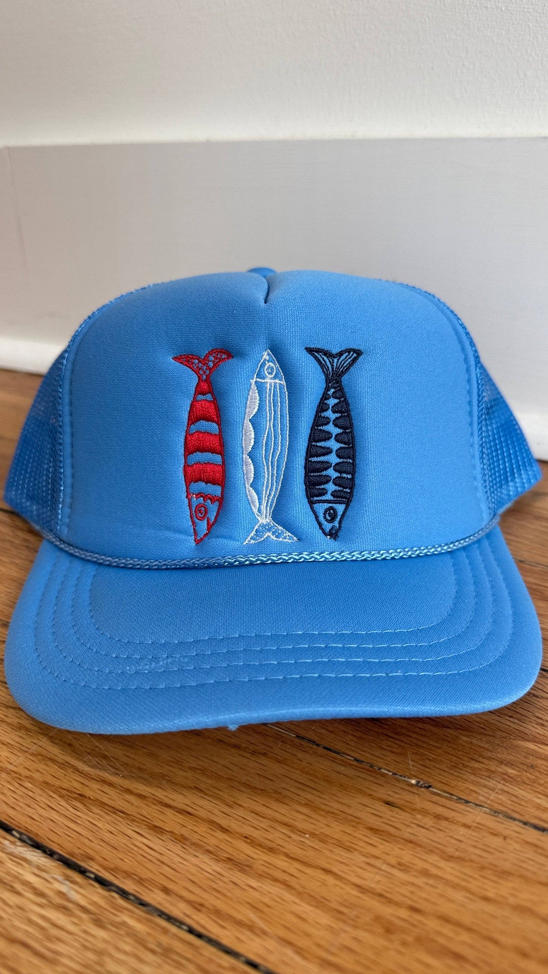 Sardine Hat: Cool blue hat | yellow orange + pink thread