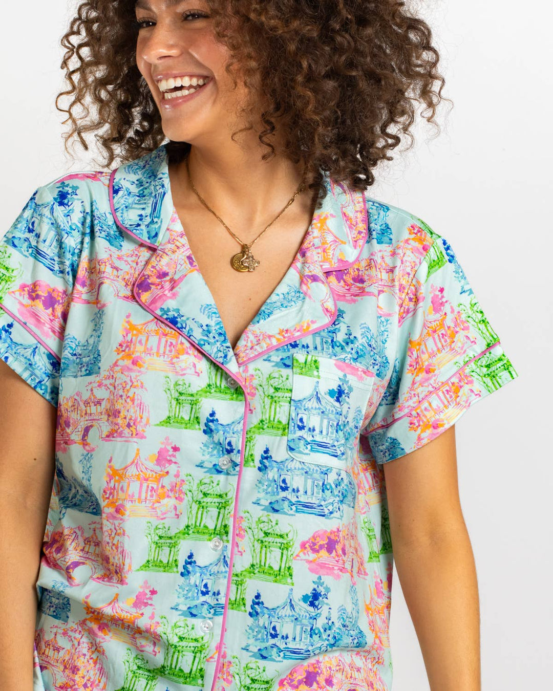 Maya Short Sleeve Sleep Set (top & bottom)  Aqua/Multi