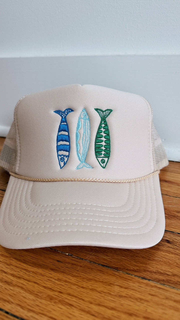 Sardine Hat: Cool blue hat | yellow orange + pink thread