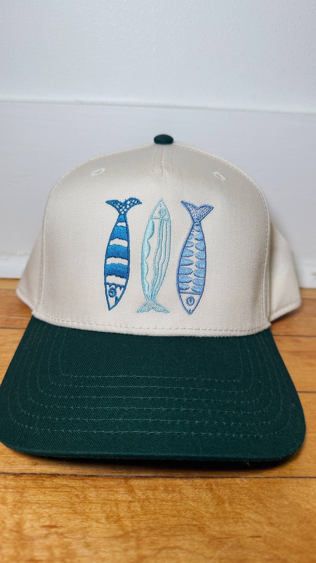 Sardine Hat: Cool blue hat | yellow orange + pink thread