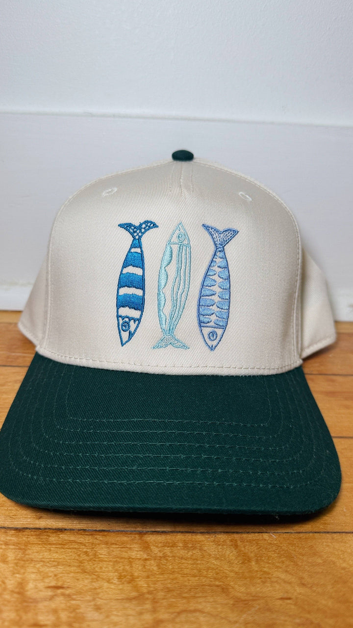 Sardine Hat: Cool blue hat | yellow orange + pink thread