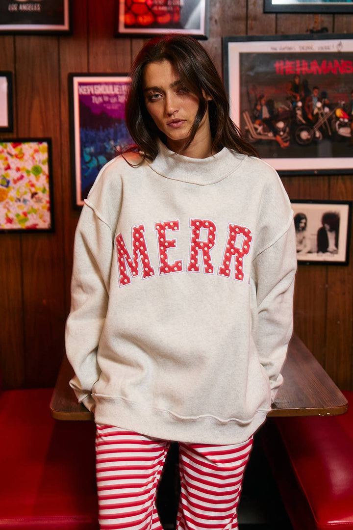 "MERRY" Varsity Mock Neck Sweatshirt: Red Polka  (LH)