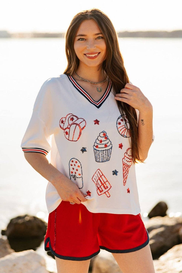 Sequin Americana Elements on V-Neck Top