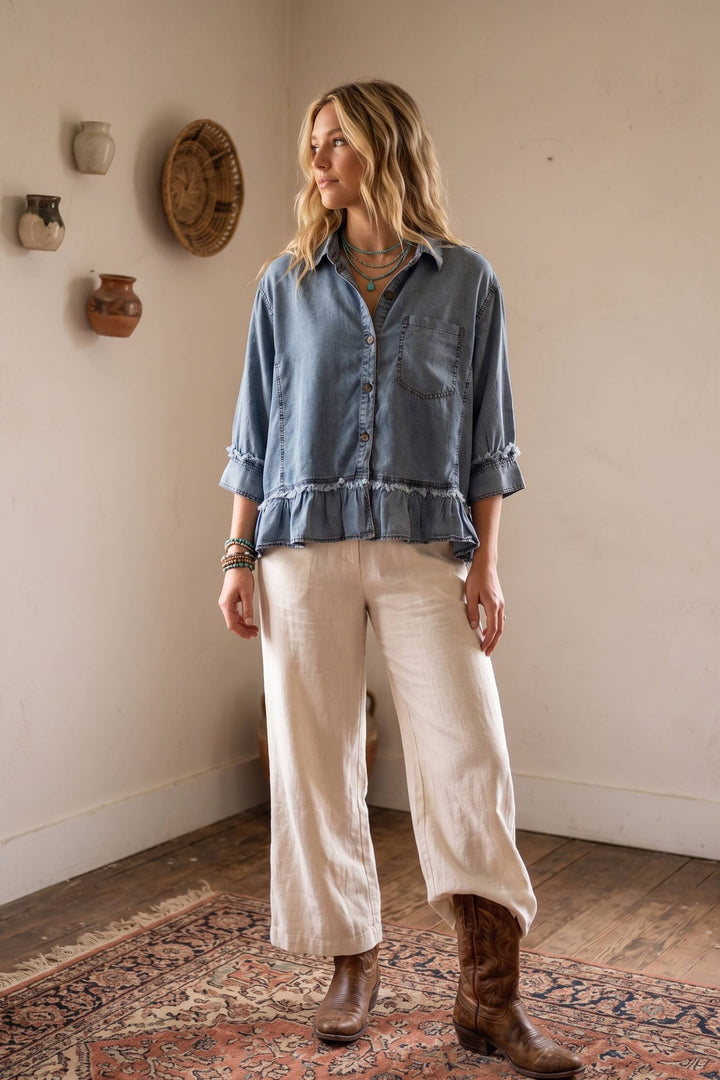 Sewn & Seen-Mineral Washed Tencel Ruffle Hem Shirt