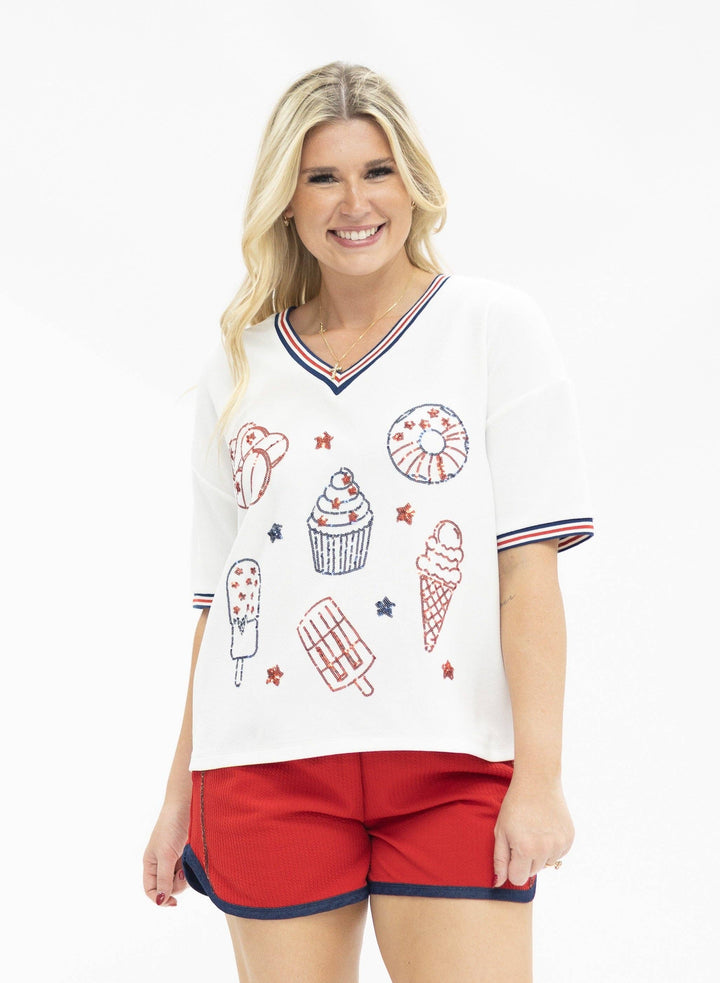Sequin Americana Elements on V-Neck Top