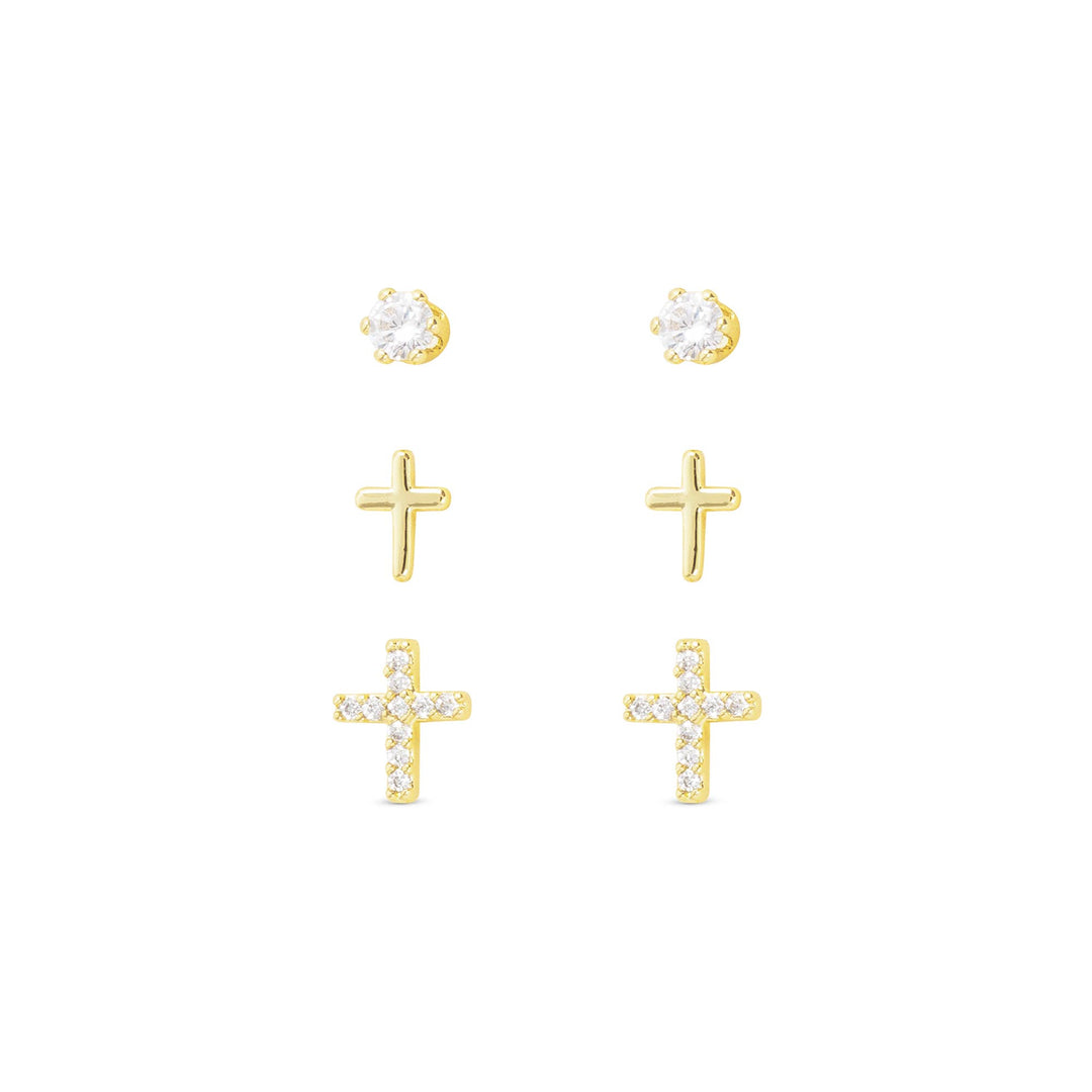 Amanda Blu-Gold CZ Trio Cross with Stud Earrings