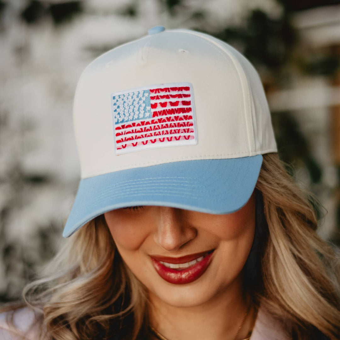 American Flag Two-Toned Fitted Hat : Light Blue and Tan