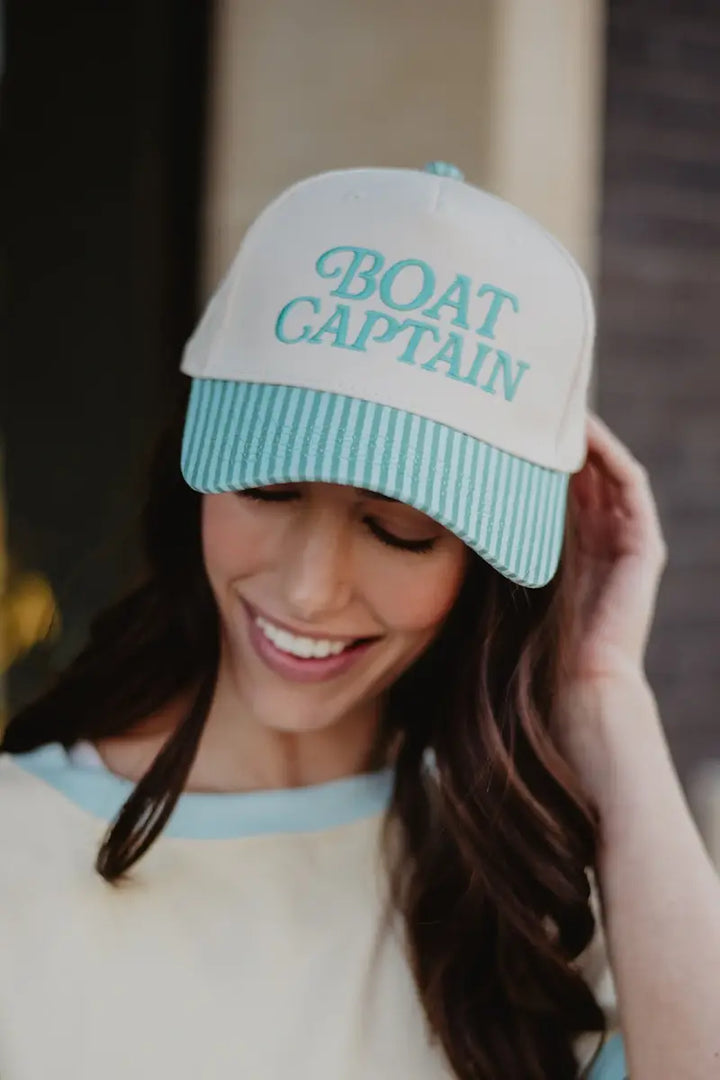 Boat Captain Two-Toned Retro Hat: Light Blue and Navy Stripe