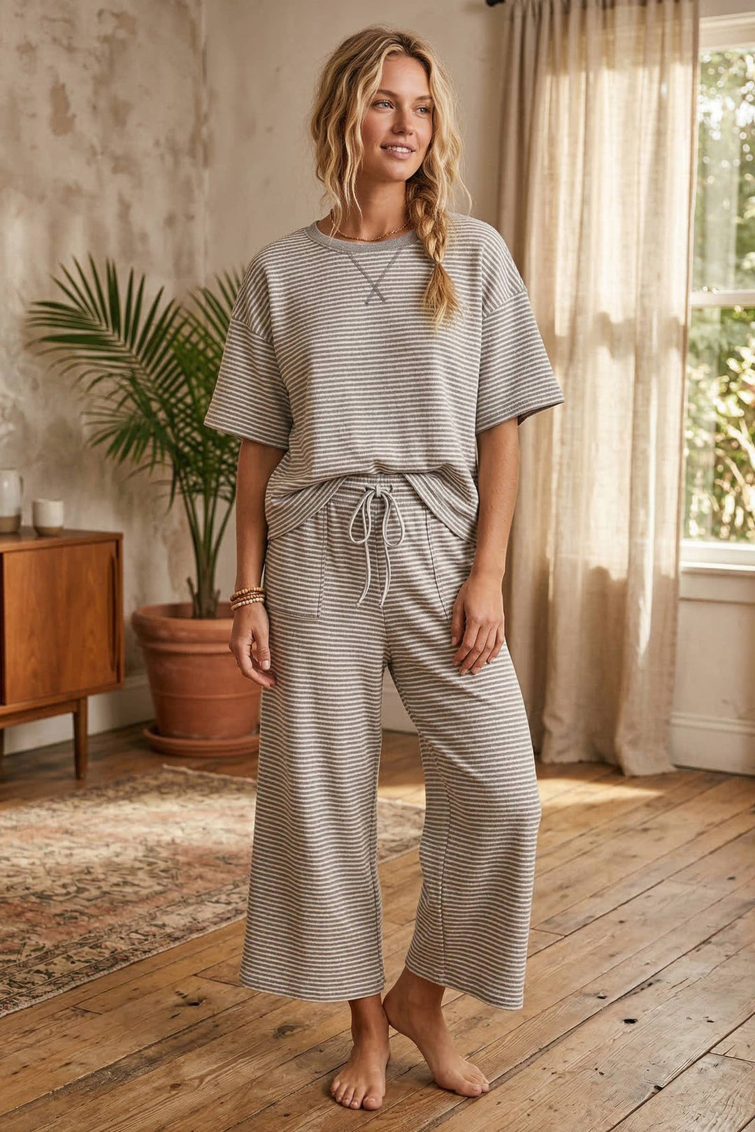 Sewn & Seen-Striped Knit Top and Pants Set: HEATHER GREY/WHITE