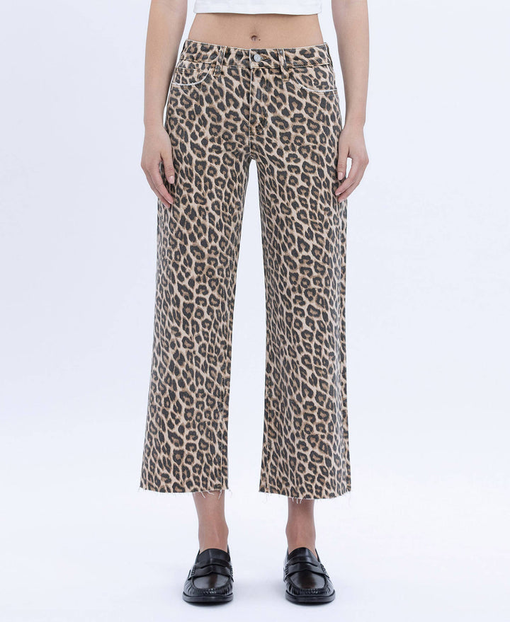 HIGH RISE ANIMAL PRINT CROP WIDE LEG JEANS