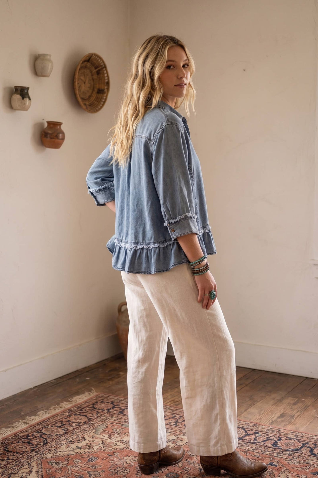 Sewn & Seen-Mineral Washed Tencel Ruffle Hem Shirt