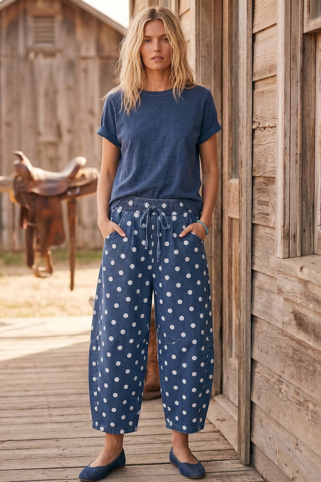 Sewn & Seen-Oversized Polka Dot Denim Barrel Pants