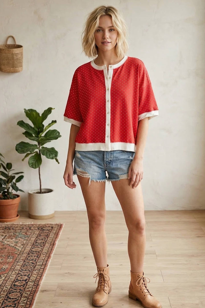Sewn & Seen-Relaxed Fit Polka Dot Button Front Top-Pink