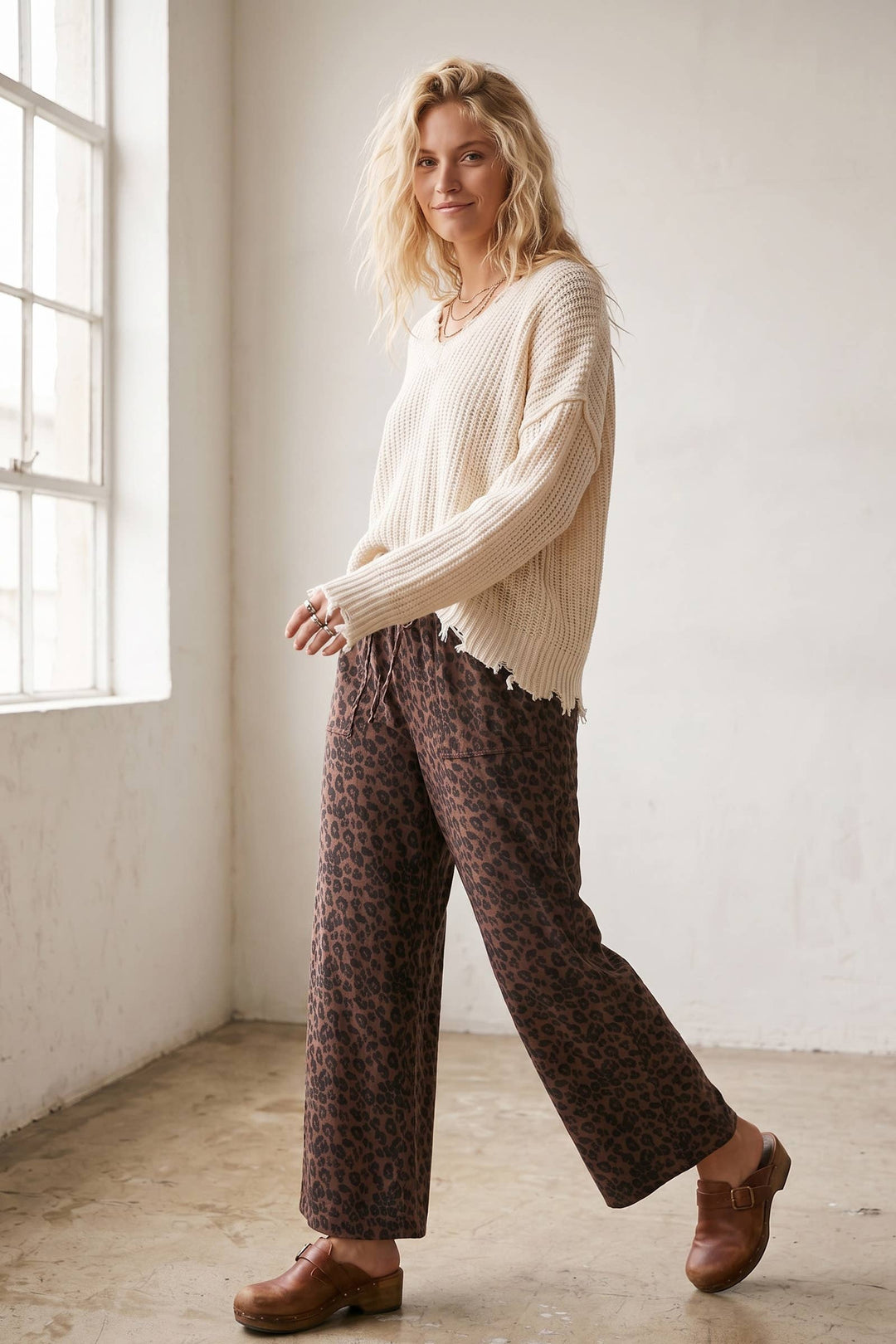 Sewn & Seen-Leopard Print French Terry Wide Leg Pants