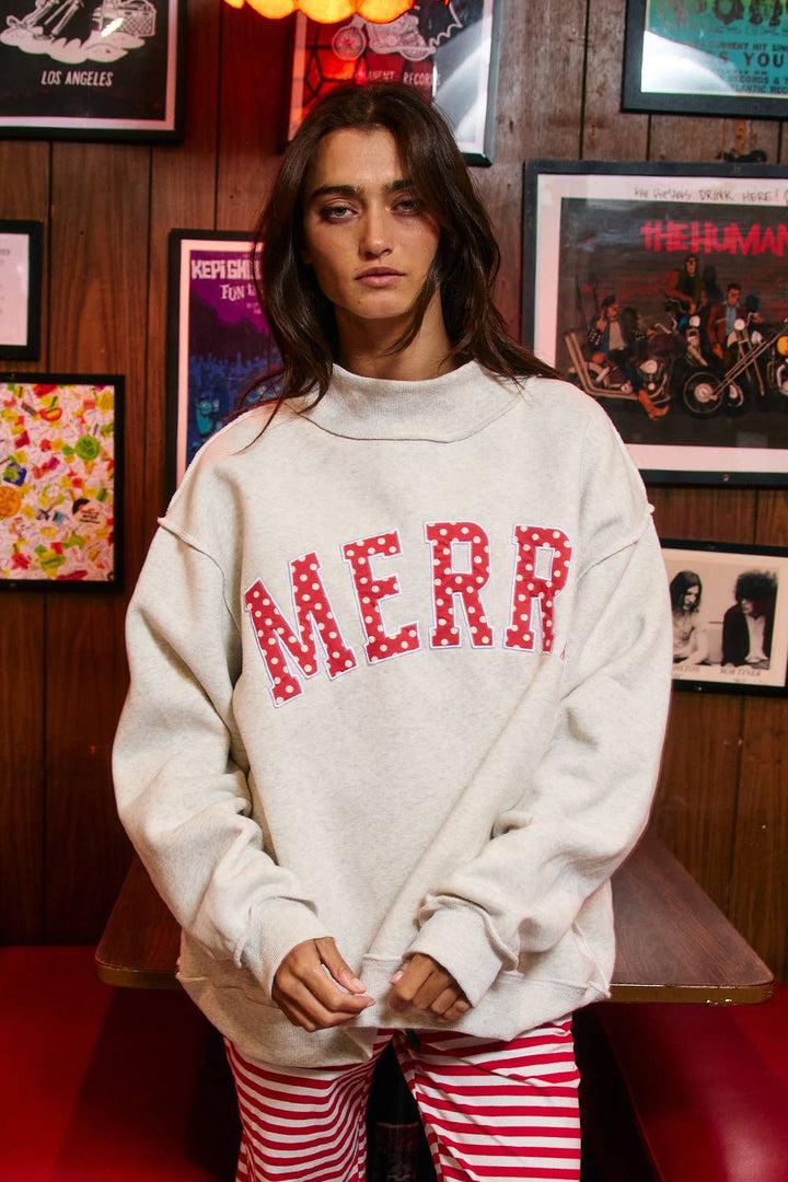 "MERRY" Varsity Mock Neck Sweatshirt: Red Polka  (LH)