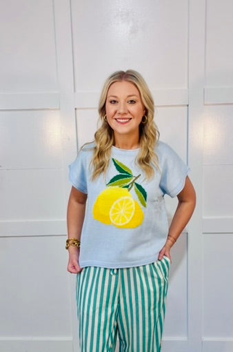 Lovely Lemon Light Blue Short Sleeve Sweater
